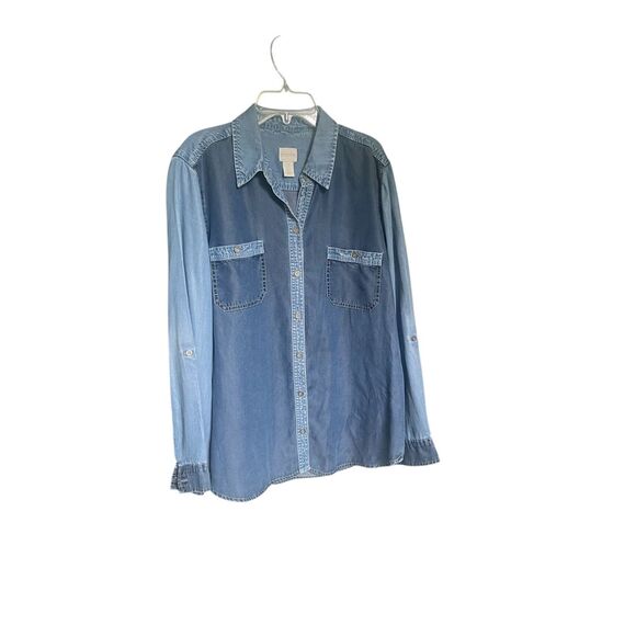 Chicos Women’s Button up long sleeve Denim Blouse Blue Chambray Size 2 - Picture 1 of 12